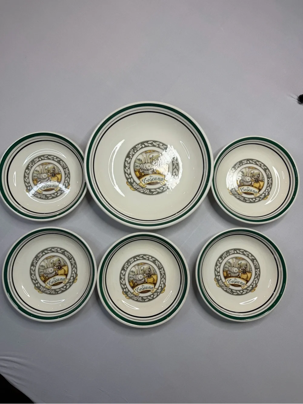 Cream Ceramic Bowl Set with Green Trim and Central Crest